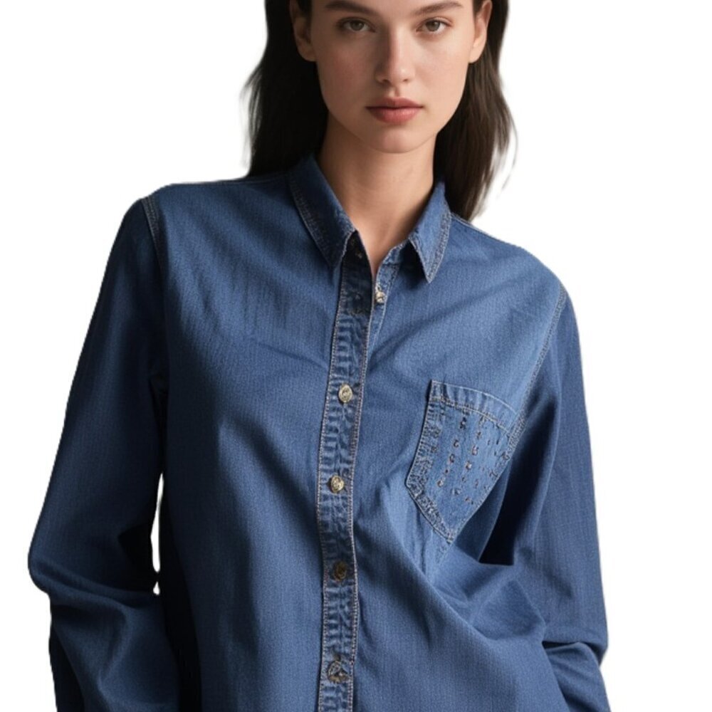 Mossimo Denim Button Down Shirt Studded Pocket Long Sleeve Hi-Low Hem Size Small